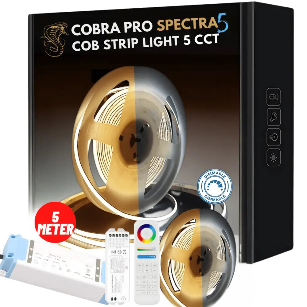 Green Earth Lighting Australia IP20 COB STRIP LIGHTING 70W DIY 5 meter Strip Kit (with plug in driver +controller pack) 14W/m COB Pro Spectra5 LED Strip Light - CCT COBRAPRO5MDTW