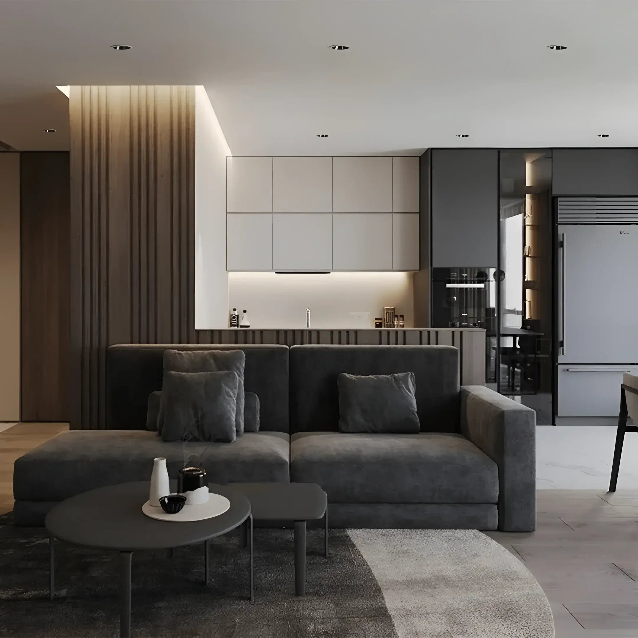 Gray sectional sofa with OptiLux Pro 12W trimless LED downlight accents