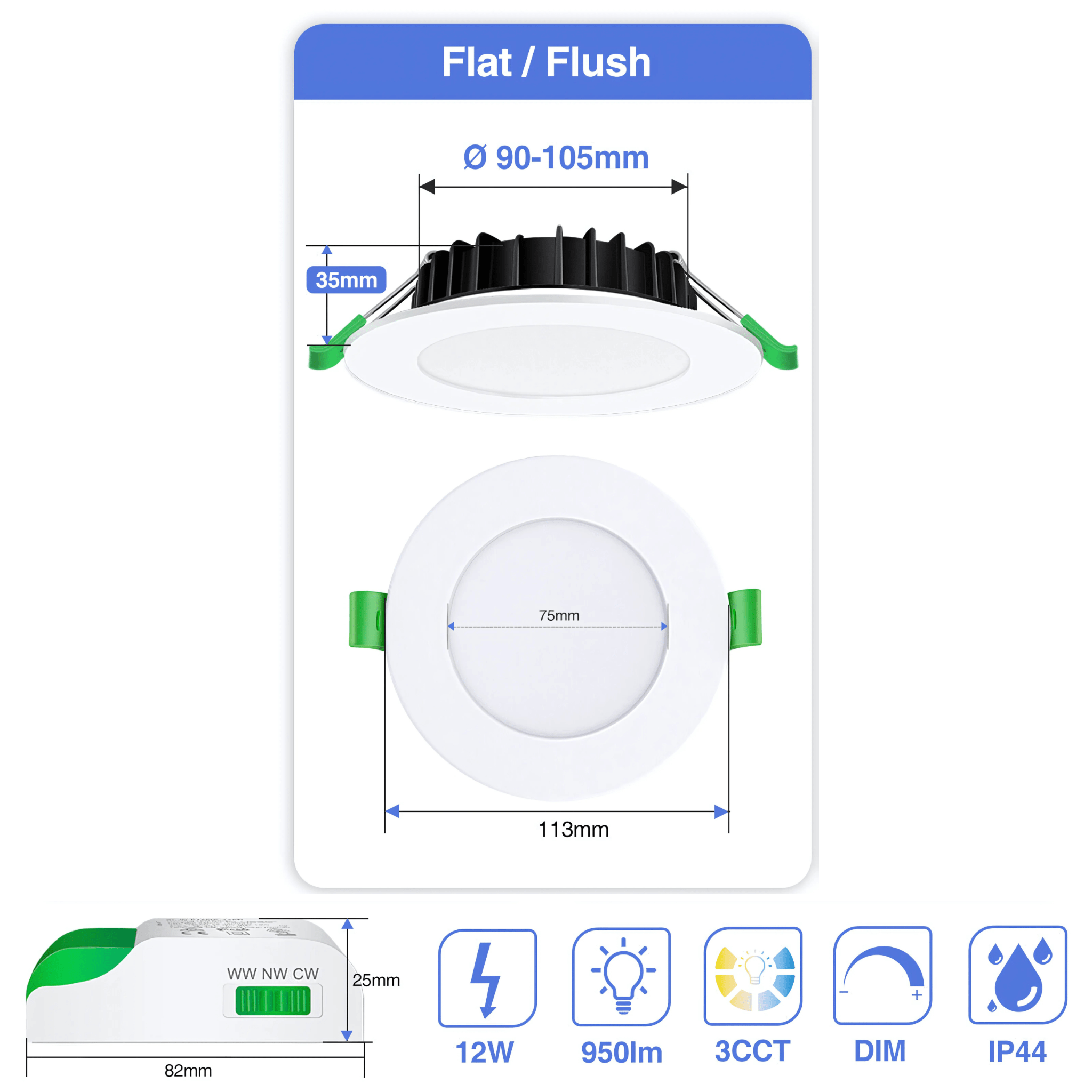 Green Earth Lighting Australia Home & Garden > Lighting 12W Tri-Colour Dimmable LED Downlight | 90mm Cut Out | Kakadu GE110A