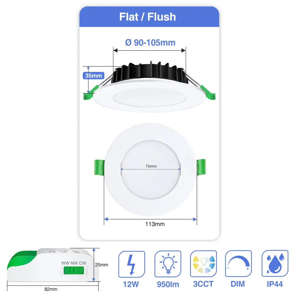 12W Tri-Colour Dimmable LED Downlight | 90mm Cut Out | Matilda Trade Pack 10 - Home & Garden > Lighting > Ceiling Lights