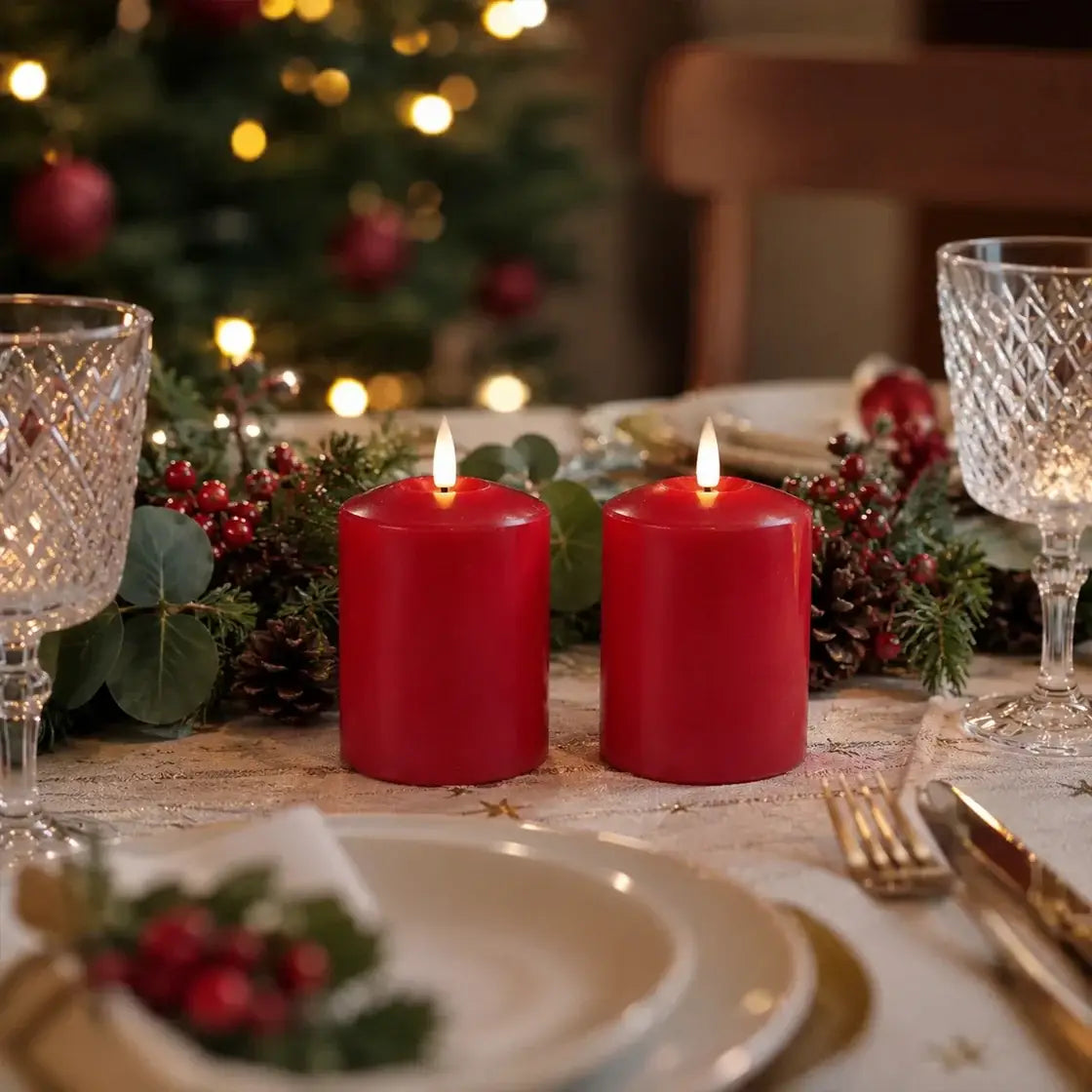 SMALL Lexi Lighting Set of 2 LED Red Wax Pillar Candles – 3 Sizes