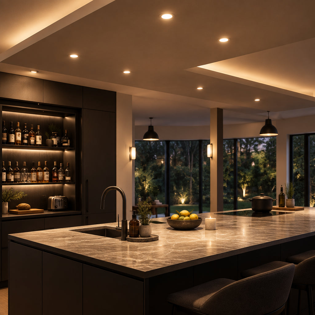 Modern black kitchen island lit by Axis Pro 13W 5CCT dimmable LED downlight