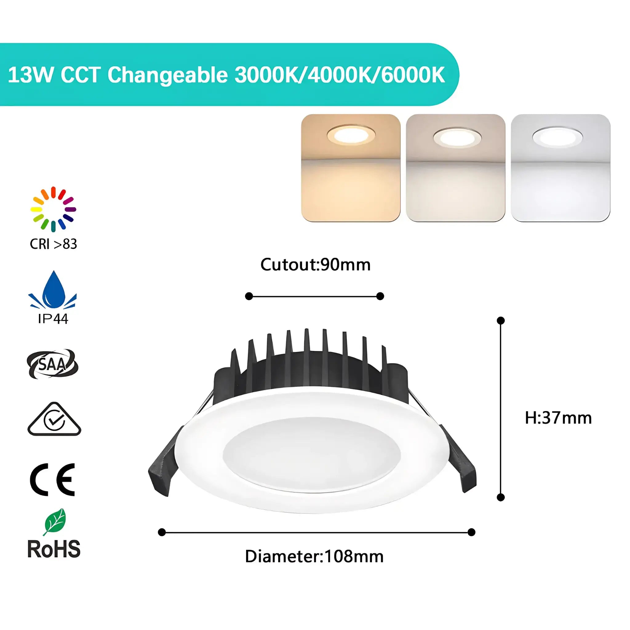 Kakadu 13w Tri-colour Led Downlight – 90mm Cut out Recessed Light