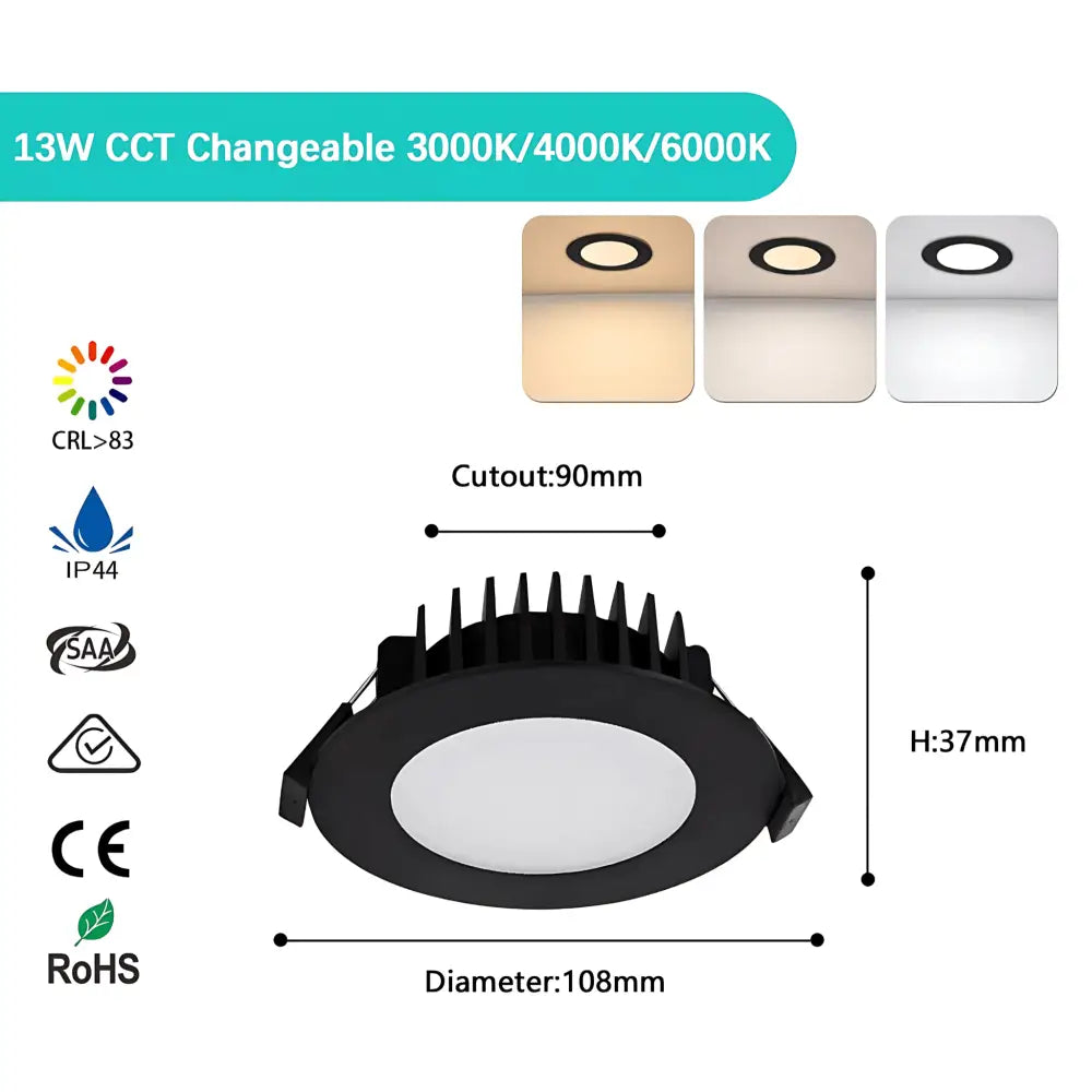 Green Earth Lighting Australia Home & Garden > Lighting 13W Tri-Colour Dimmable LED Downlight | 90mm Cut Out | Kakadu FAA1180A/BK