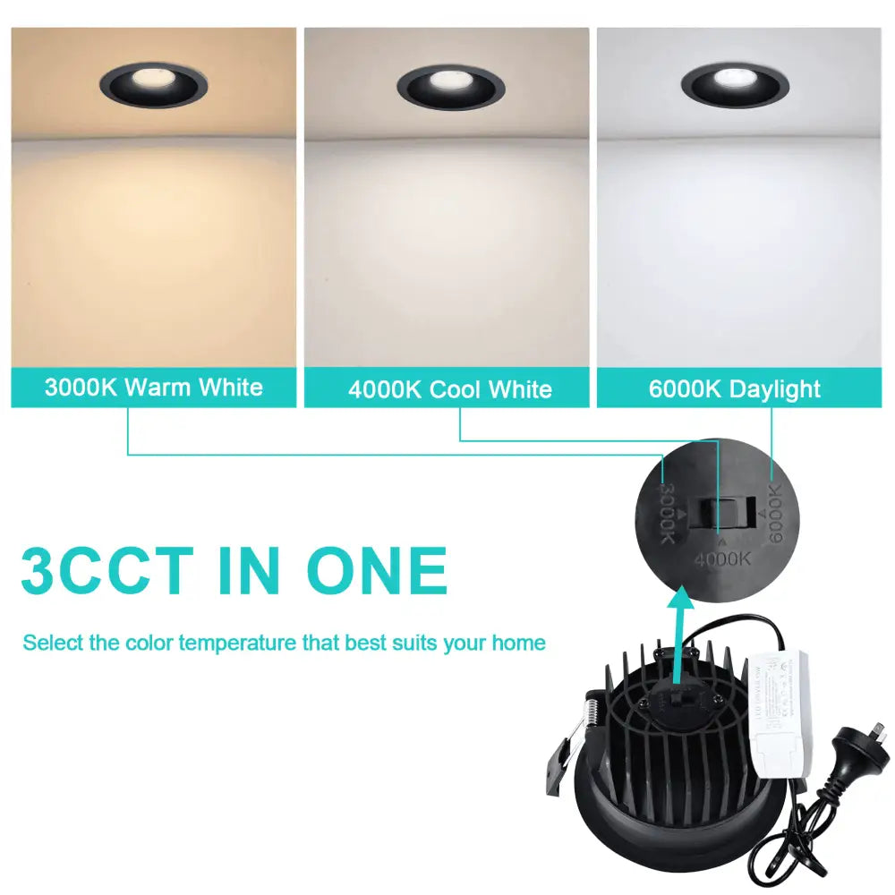 Green Earth Lighting Australia Home & Garden > Lighting 13W Tri-Colour Dimmable LED Downlight | 90mm Cut Out | Nullarbor AS-TD138TAC-B