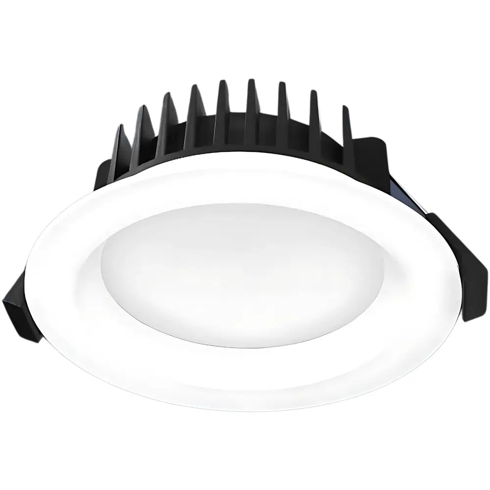 Close-up of 13W LED Downlight 90mm - Tri-Colour Dimmable showing white acrylic lens and black anodised aluminium heatsink for efficient cooling.