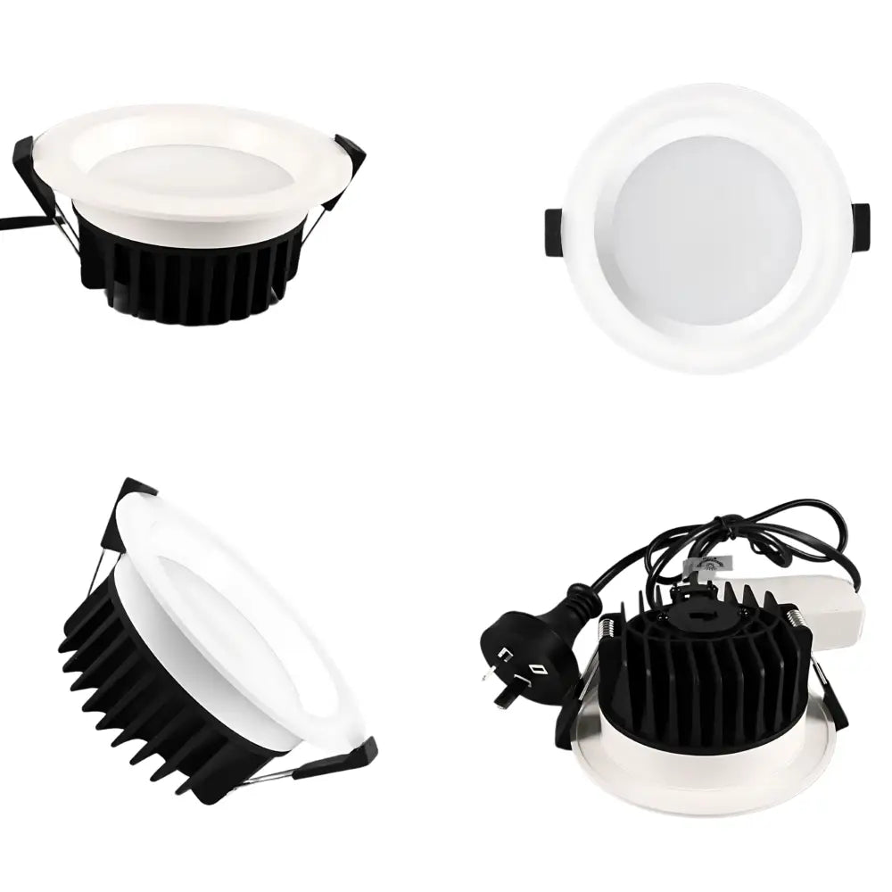 Multiple angles of 13W LED Downlight 90mm - Tri-Colour Dimmable showing integrated buckle, acrylic mask, and durable cast aluminium body.