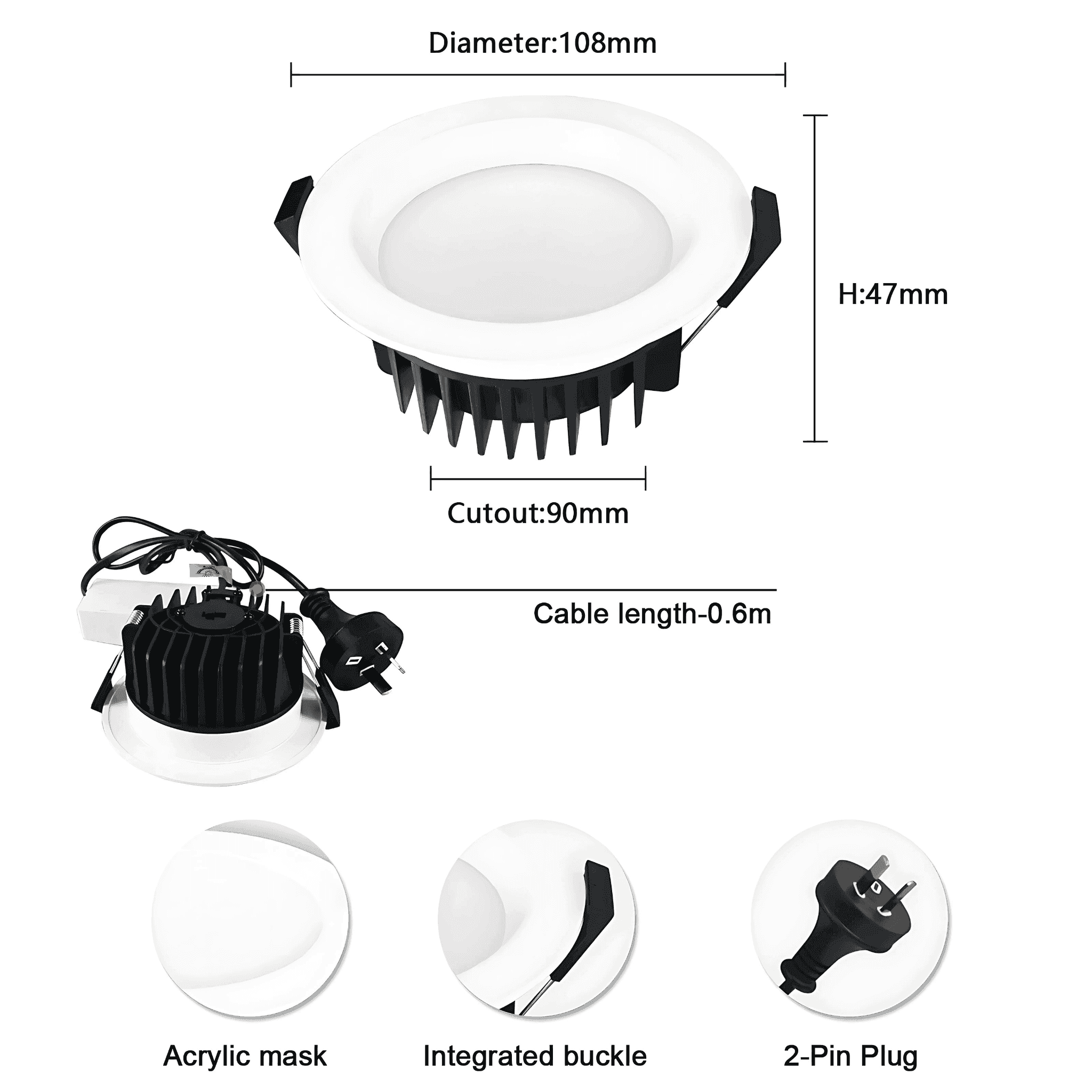 Technical diagram of 13W LED downlight with 90mm cut-out, 108mm diameter, 47mm height, and 0.6m cable with 2-pin plug.