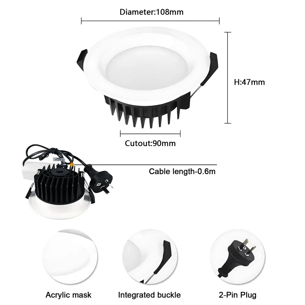 Technical diagram of 13W LED Downlight 90mm - Tri-Colour Dimmable showing 108mm diameter, 90mm cutout, 0.6m cable, and 2-pin plug connection.