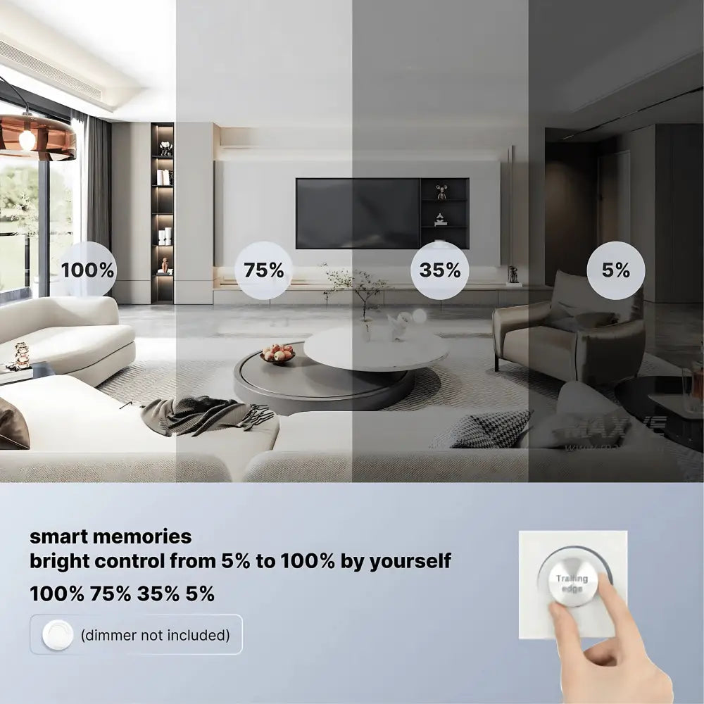 Dimming demonstration of 13W LED Downlight 90mm - Tri-Colour Dimmable showing brightness levels from 5% to 100% with smart memory function.