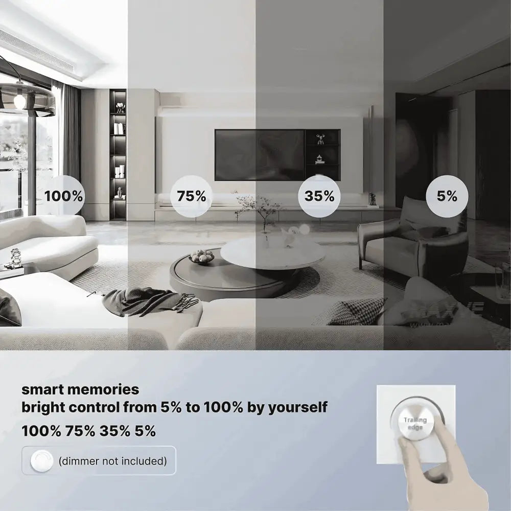 Living room lighting demo with 13W dimmable LED downlight showing brightness levels from 5% to 100% using smart memory control.