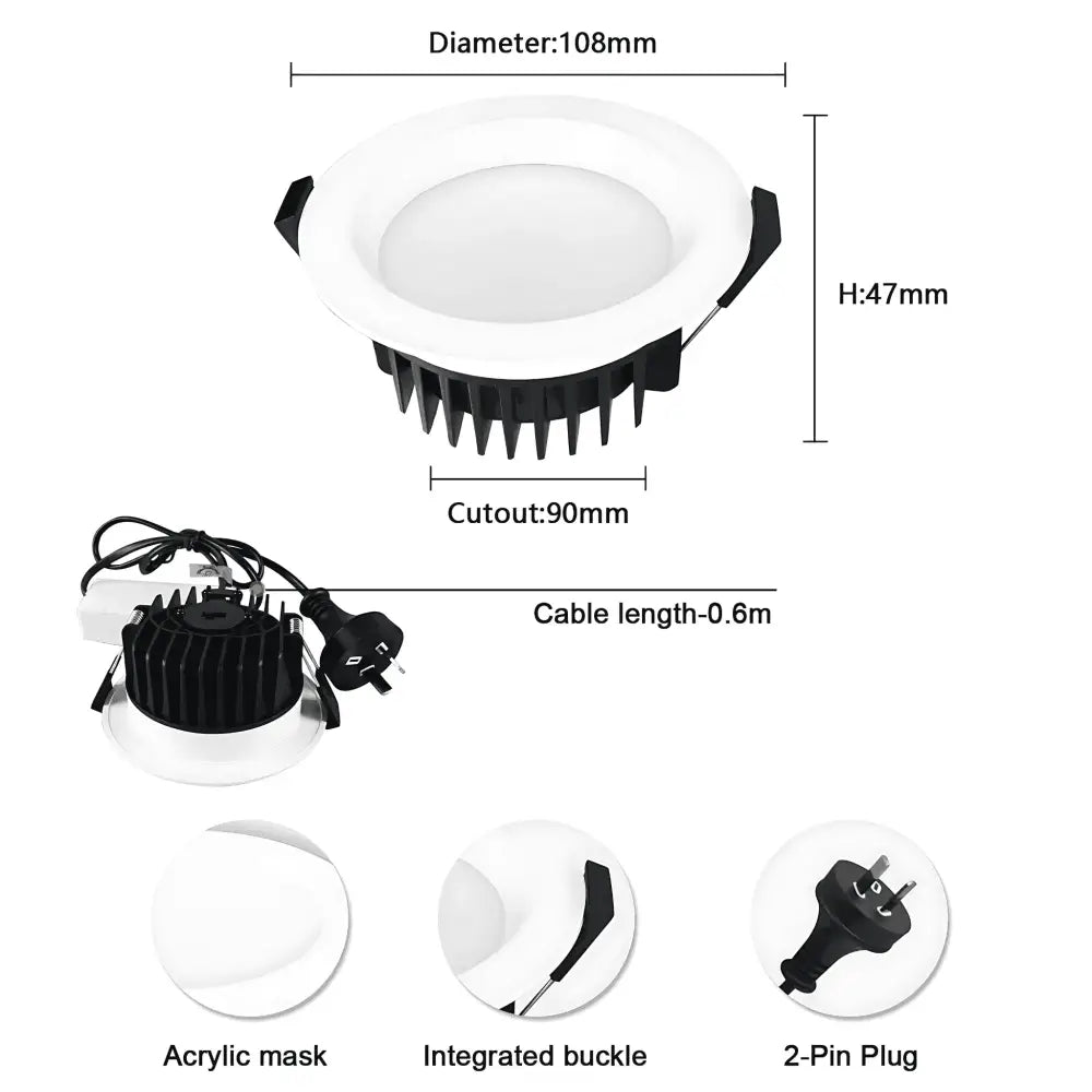 Technical diagram of 13W LED downlight with 90mm cut-out, 108mm diameter, 47mm height, and 0.6m cable with 2-pin plug.