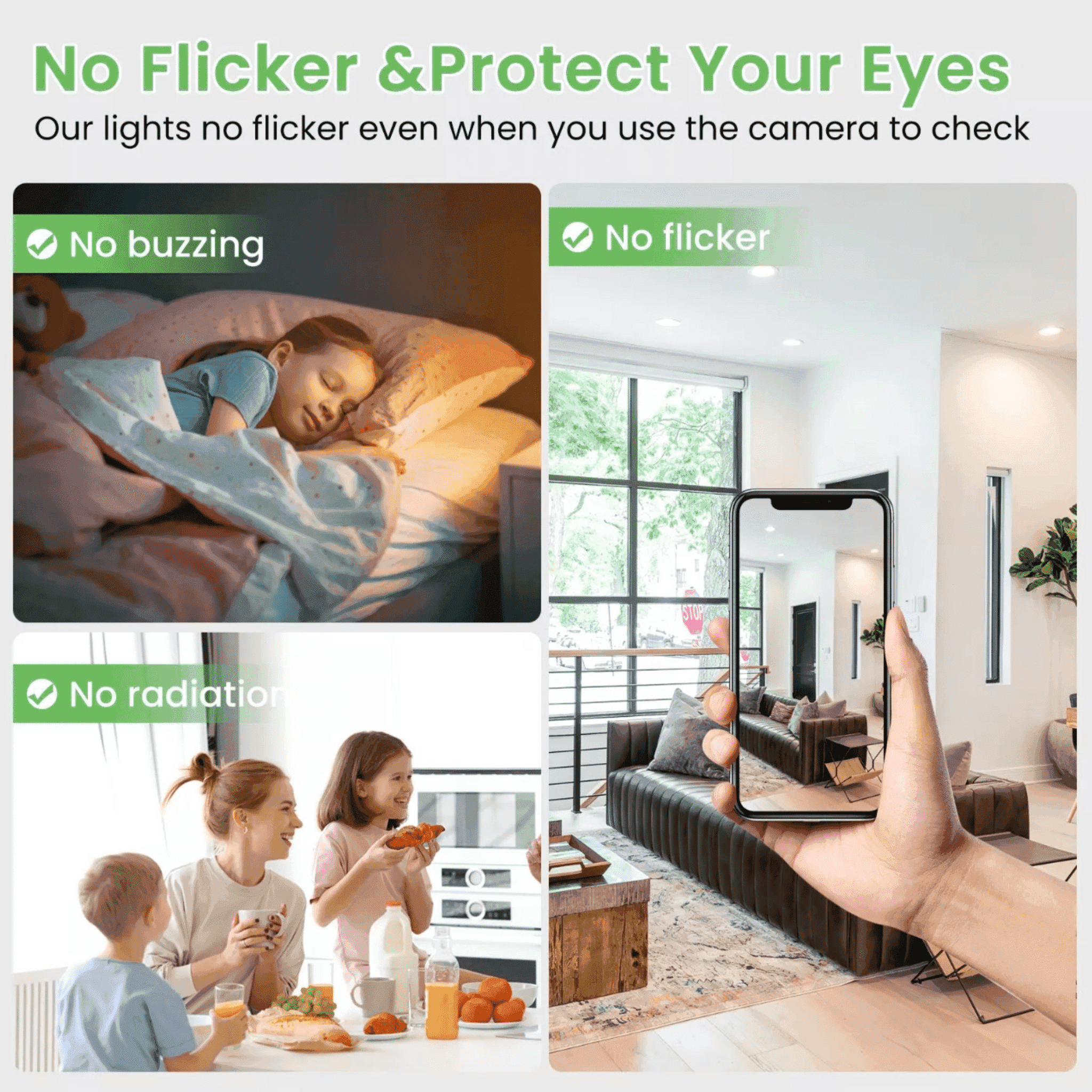 Eye-friendly LED downlight with no flicker, no buzzing, and no radiation, ideal for safe lighting in bedrooms, kitchens, and living rooms.