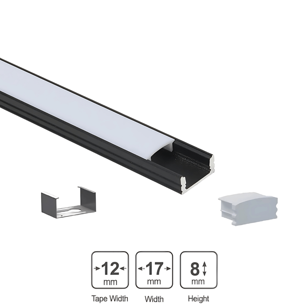 Green Earth Lighting Australia Aluminium extrusion 1M Kit Surface Mount Shallow Aluminium Profile - Black 17mm x 7mm