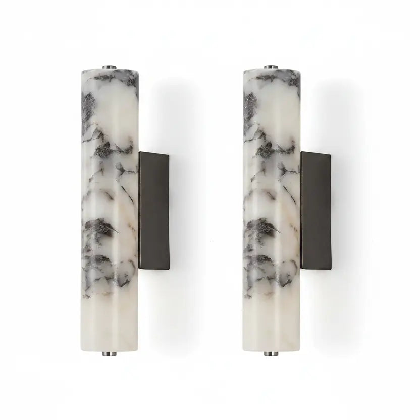 Two marble-patterned wall sconces on a white background