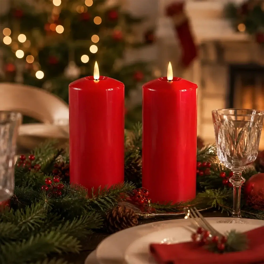 Lexi Lighting Set of 2 LED Red Wax Pillar Candles – 3 Sizes
