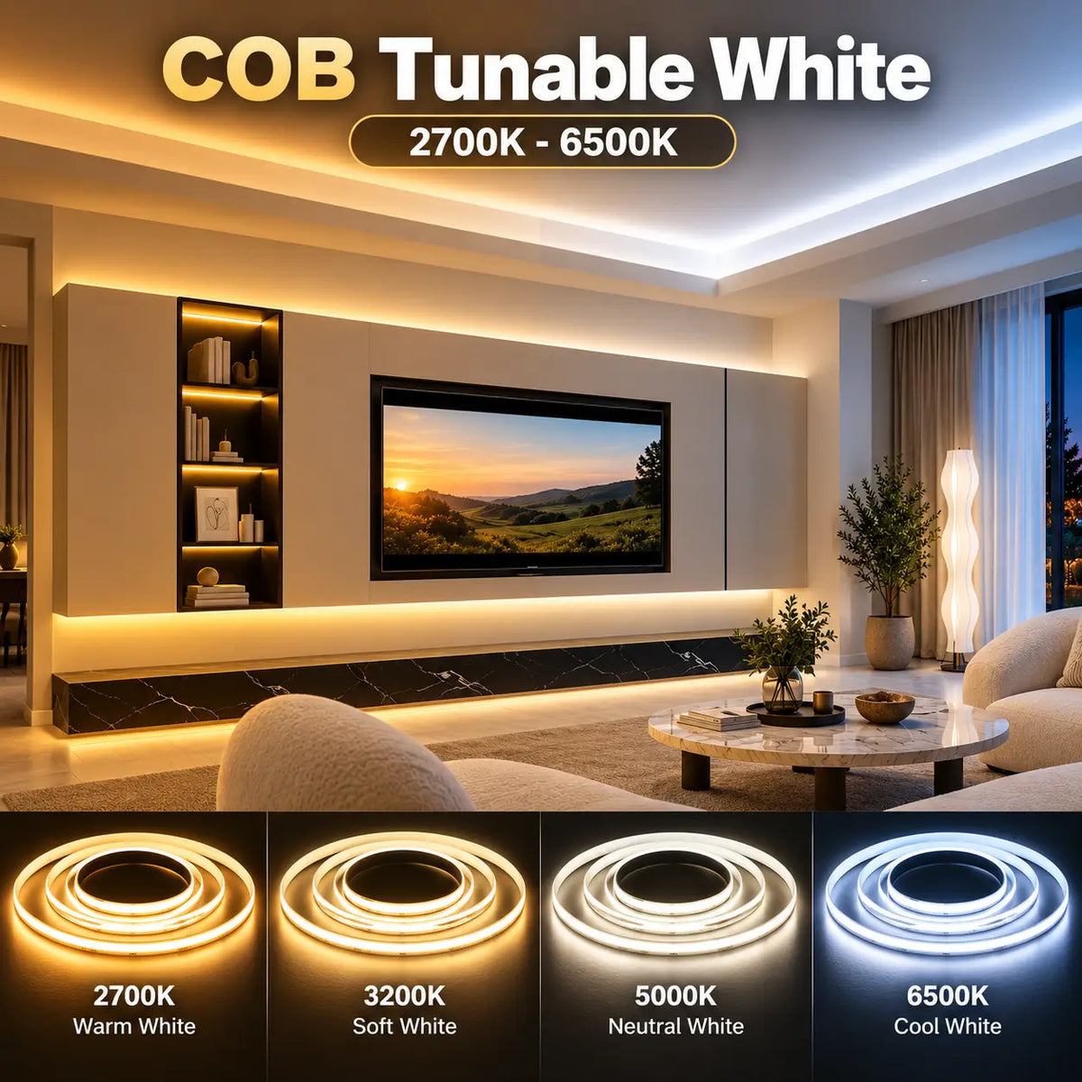 Smart Tunable White Dotless COB LED Strip Light Kit – App + RF Remote – 2700K–6500K