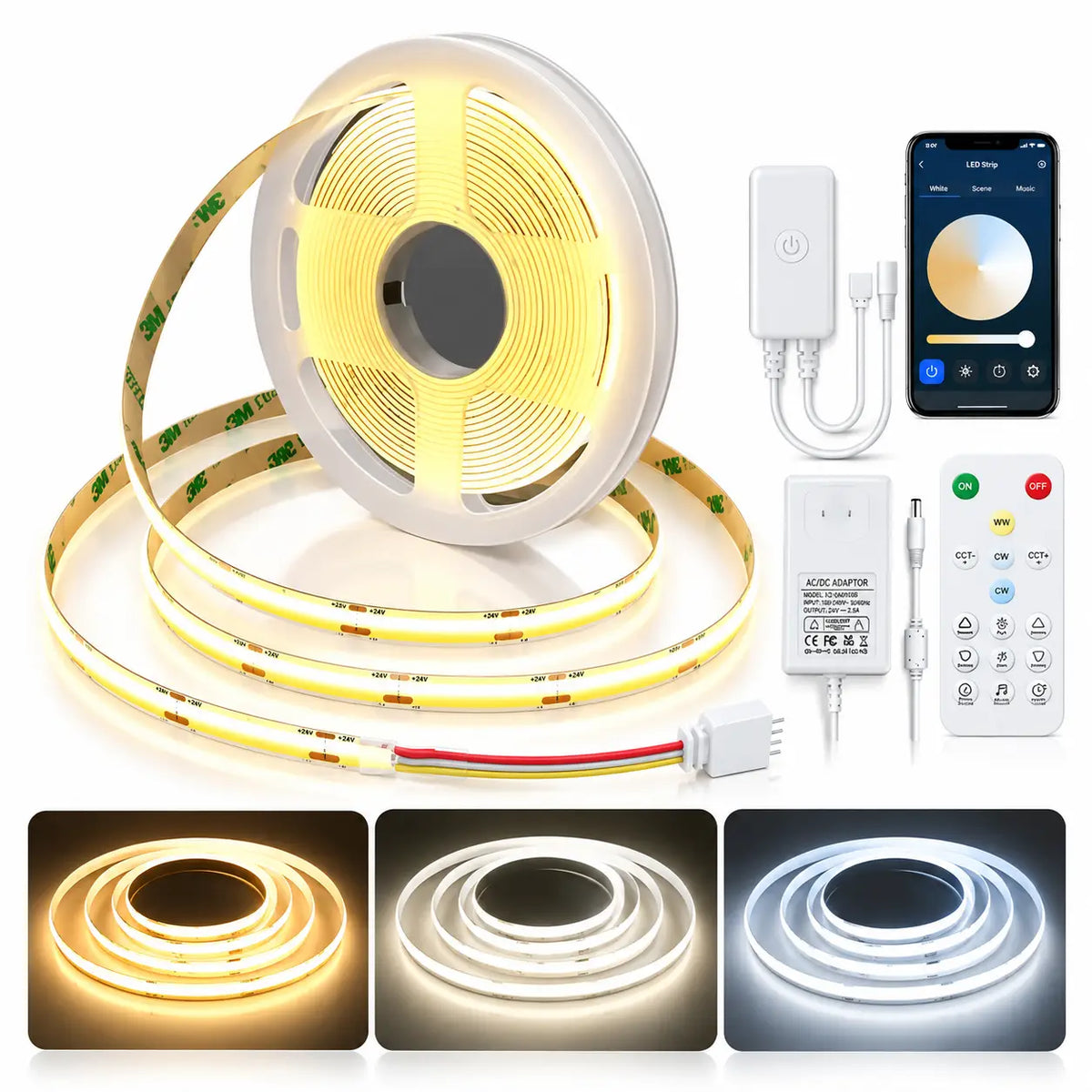 Smart Tunable White Dotless COB LED Strip Light Kit – App + RF Remote – 2700K–6500K