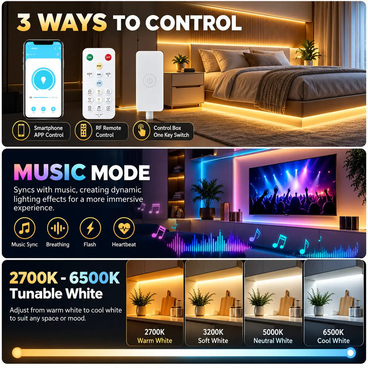 Smart Tunable White Dotless COB LED Strip Light Kit – App + RF Remote – 2700K–6500K