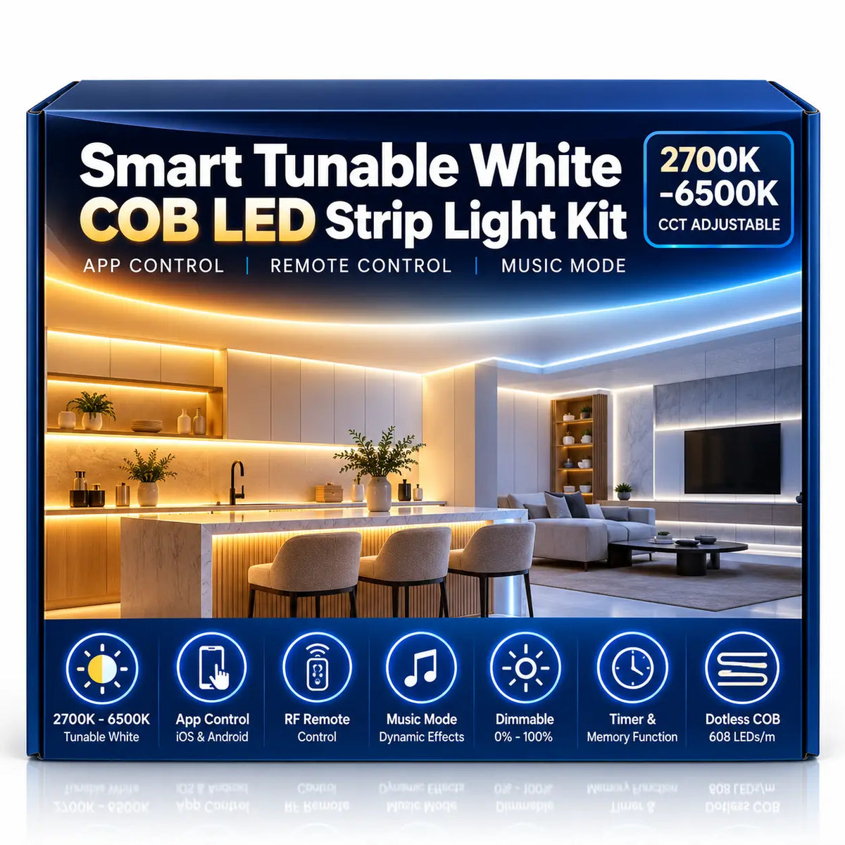 Smart Tunable White Dotless COB LED Strip Light Kit – App + RF Remote – 2700K–6500K
