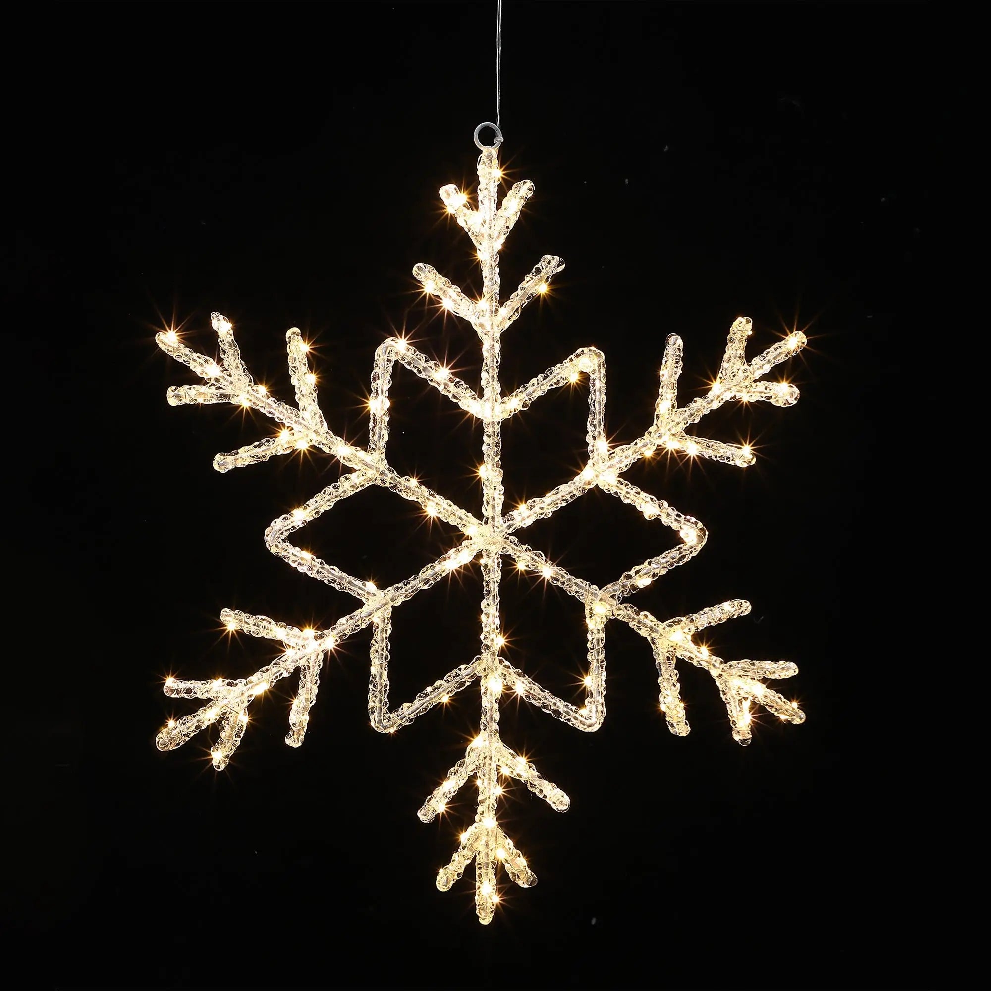 Illuminated 2D acrylic snowflake y25 with glittering edges on white background