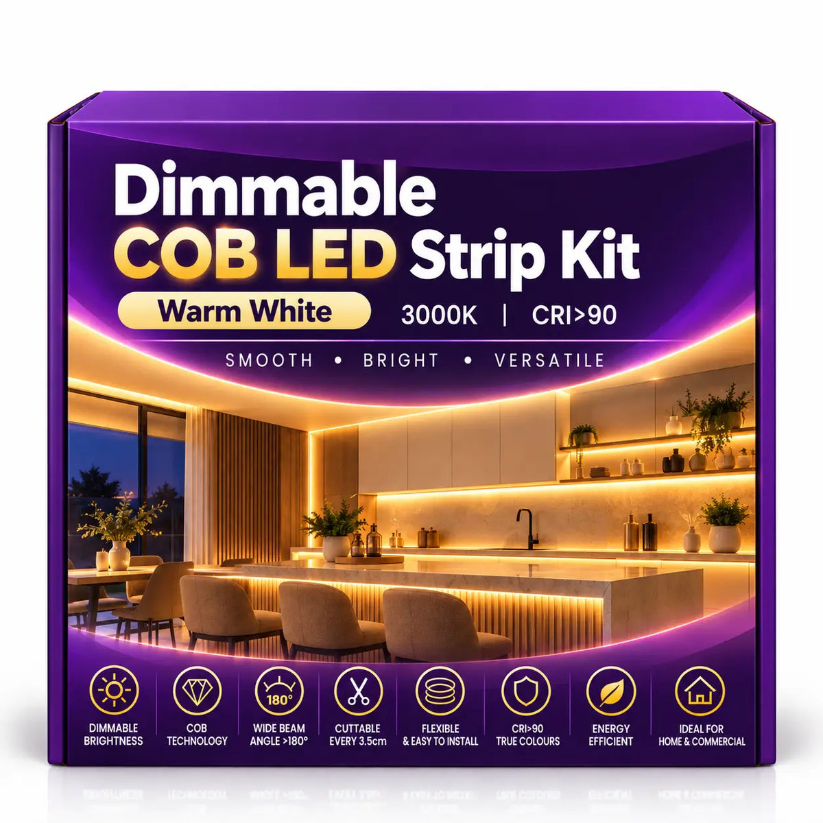 Dimmable Dotless COB LED Strip Light Kit – 3000K Warm White