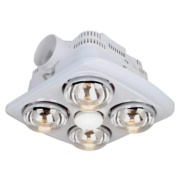 White chrome ceiling light in 3-in-1 quad bathroom heater fan combo