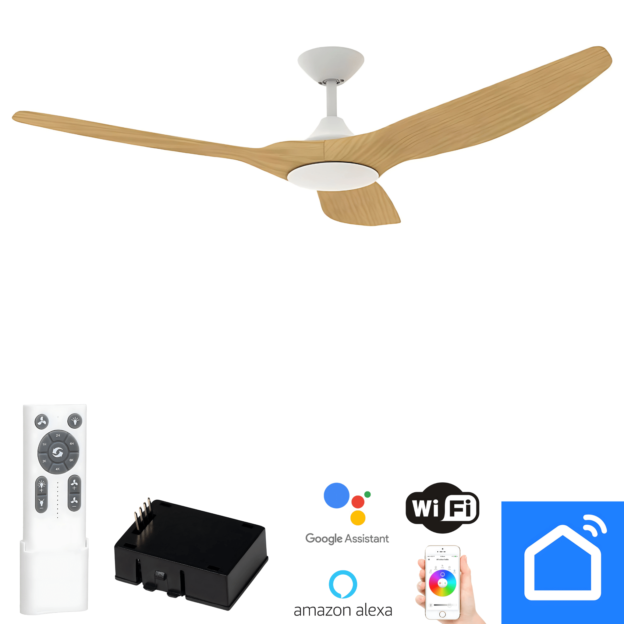 Green Earth Lighting Australia Ceiling Fan STRIKE 48" White Oak DC Ceiling Fan with Remote & Smart Control 60133+CFA-SW/M