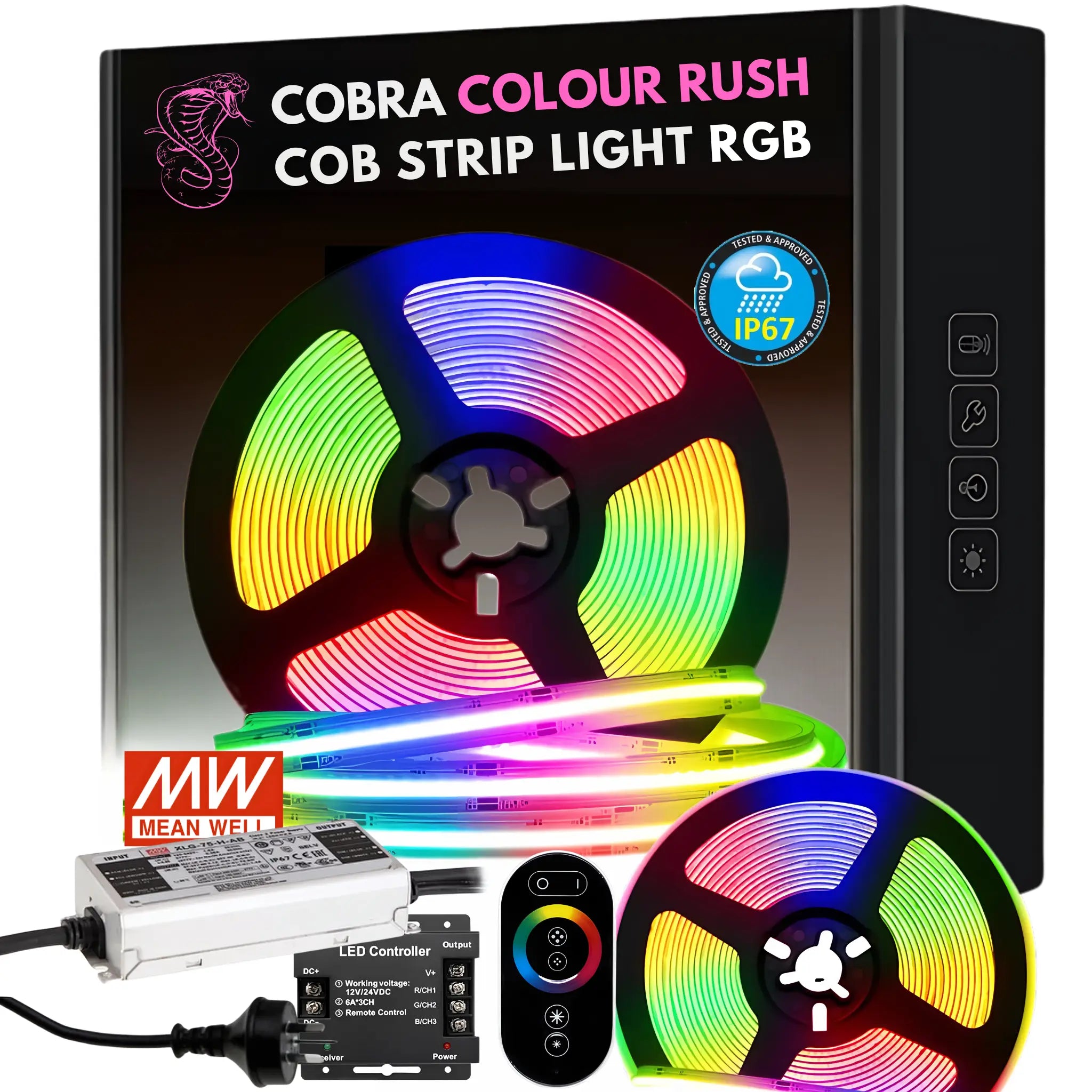 Dotless Rgb Cob Ip67 Led Strip Light Waterproof 24v - 5 Meter Diy Kit (meanwell Waterproof Driver)