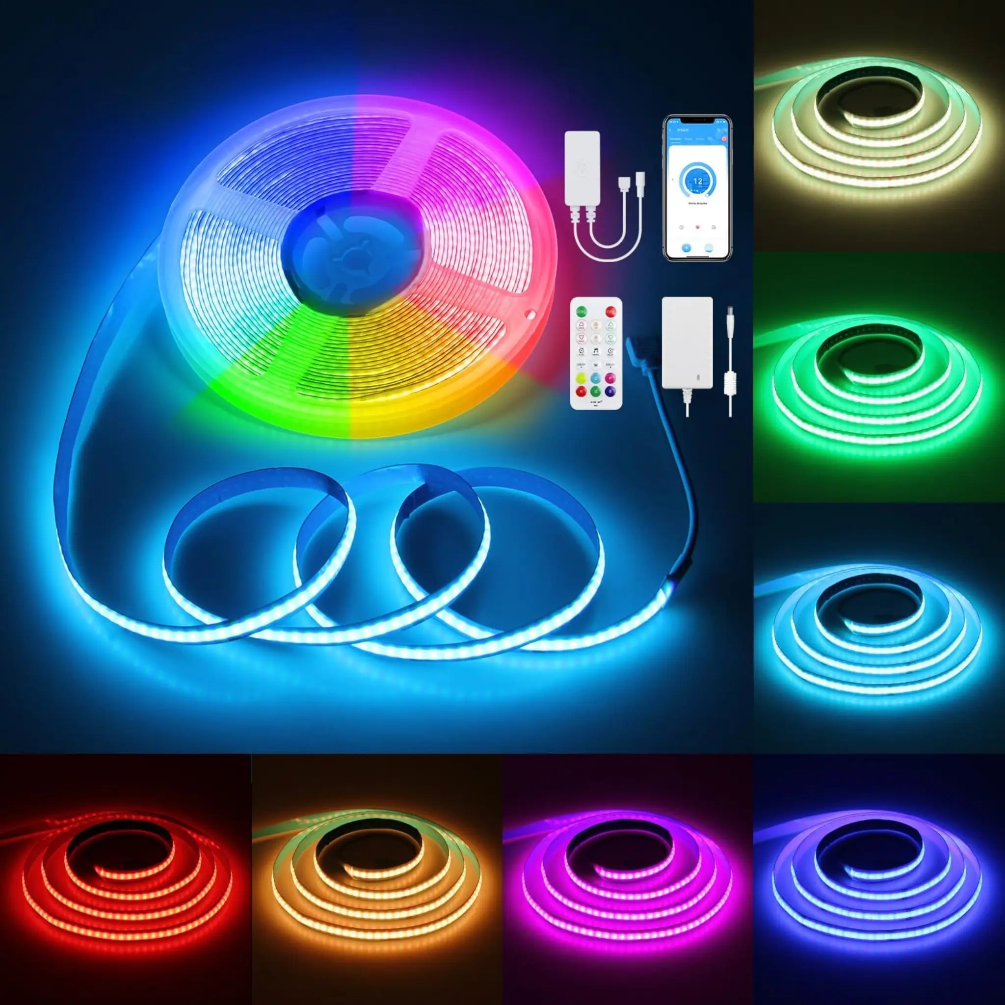 Rgb Cob Led Strip Lights Kit 5m & 10m | App & Rf Remote Dimmable Led Strip - 5 Meter Kit