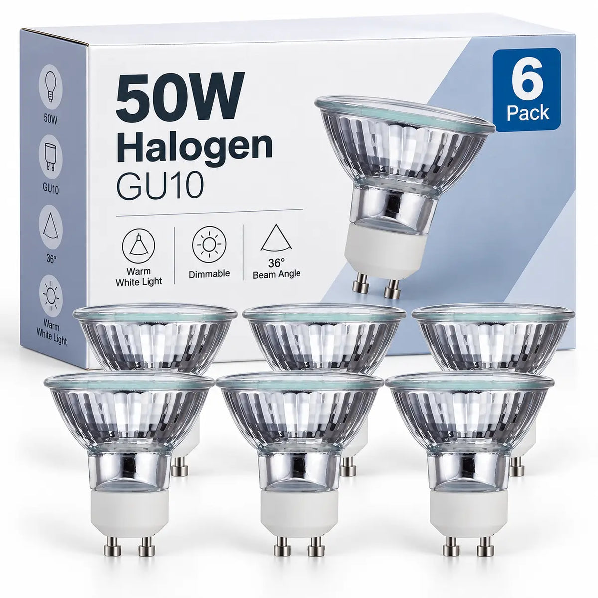 50W GU10 Halogen Reflector Globes – Warm White 2900K | 6 Pack