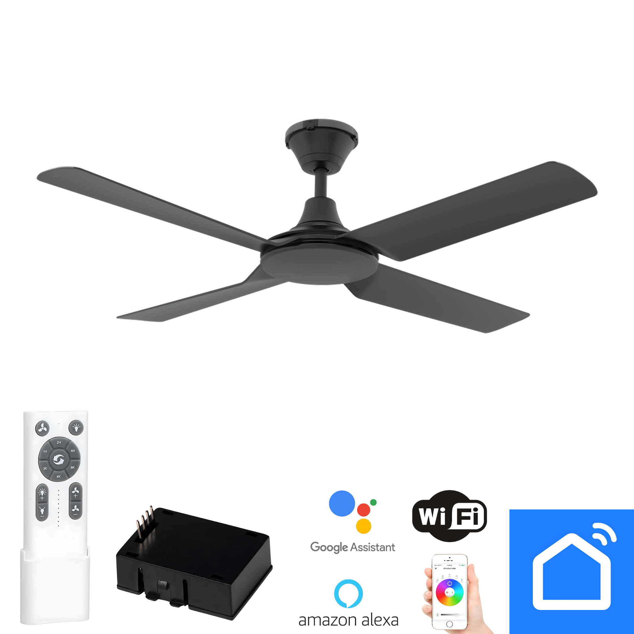 Green Earth Lighting Australia Ceiling Fan FRESCO IP66 52" Black DC Ceiling Fan with Remote & WiFi Smart Control 60080 + CFA-SW/M