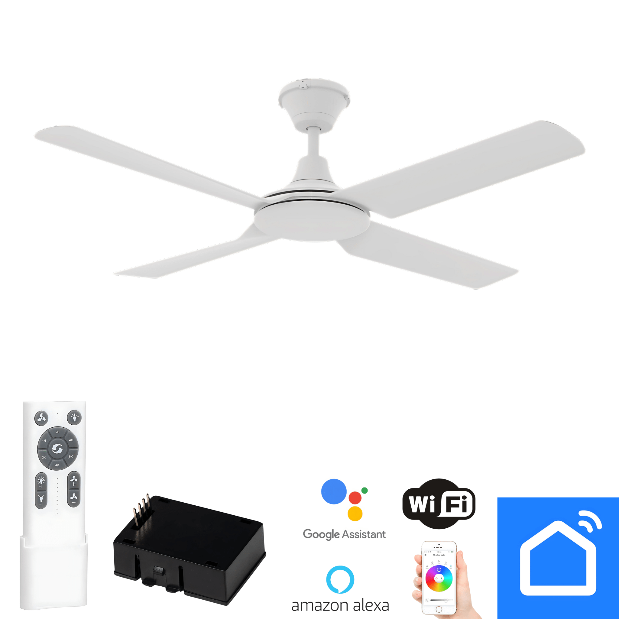 Green Earth Lighting Australia Ceiling Fan FRESCO IP66 52" White DC Ceiling Fan with Remote & WiFi Smart Control 60081 + CFA-SW/M