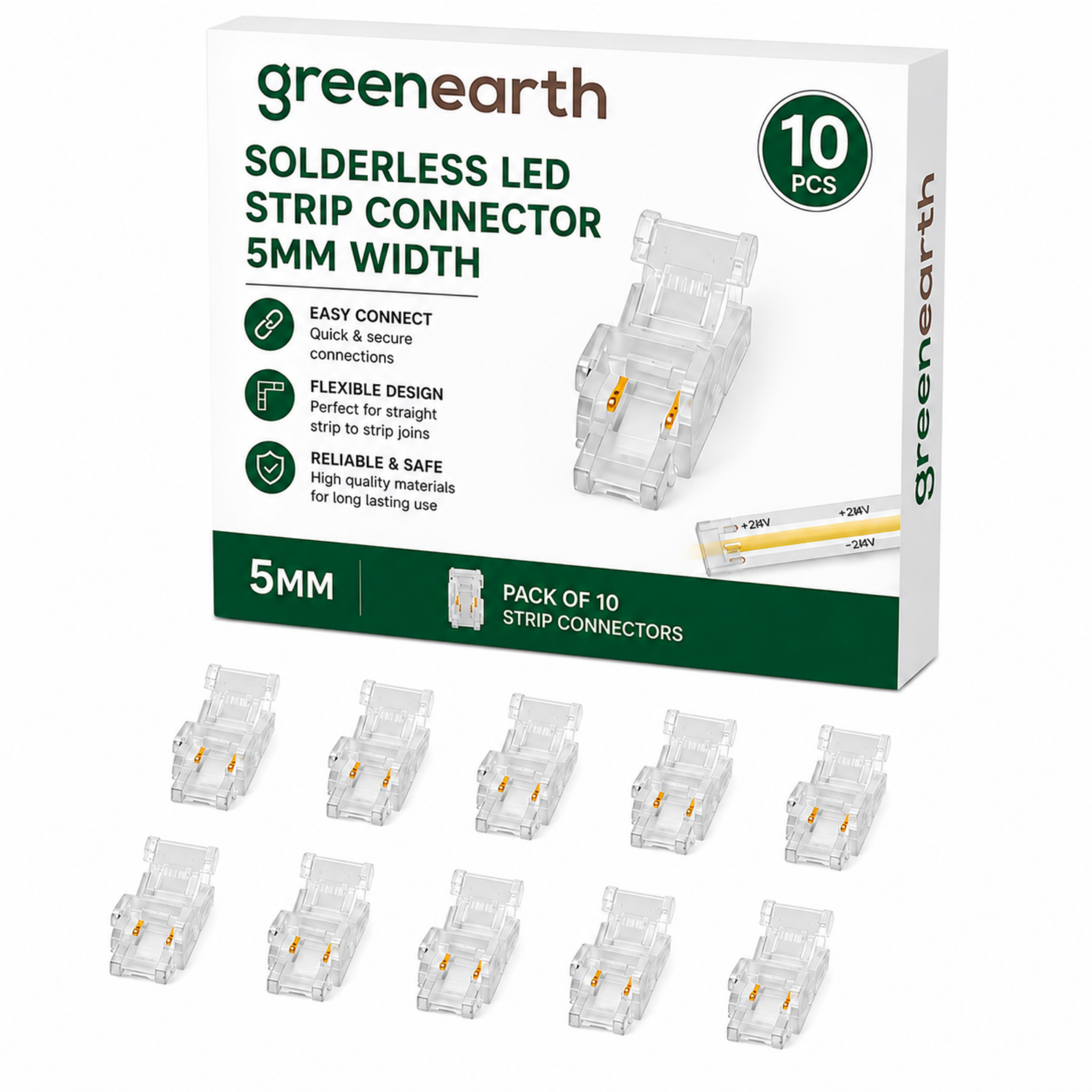 10 Pack 5mm COB LED Strip Connectors - 2 Pin Solderless Strip-to-Strip Quick Connect