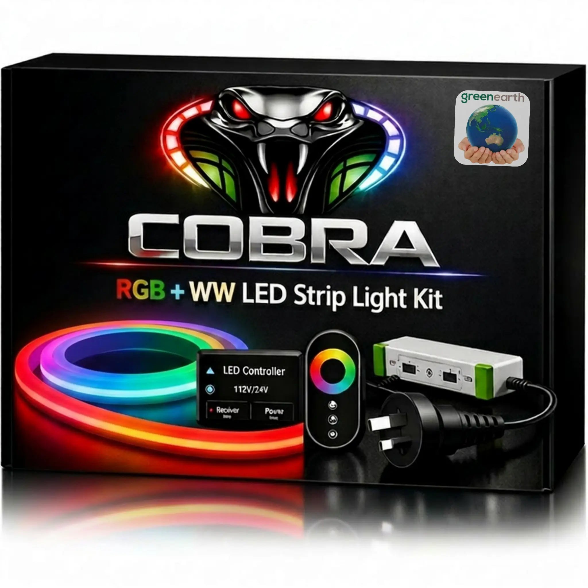 COBRA RGB+WW LED Strip Light Kit packaging with colorful design and product images.