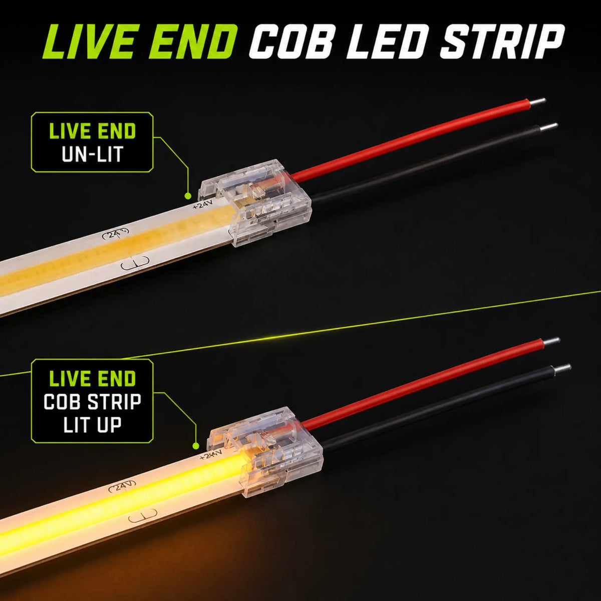 on vs off 5mm COB LED Strip Live End - 2 Pin Solderless PCB-to-Cable Quick Connect