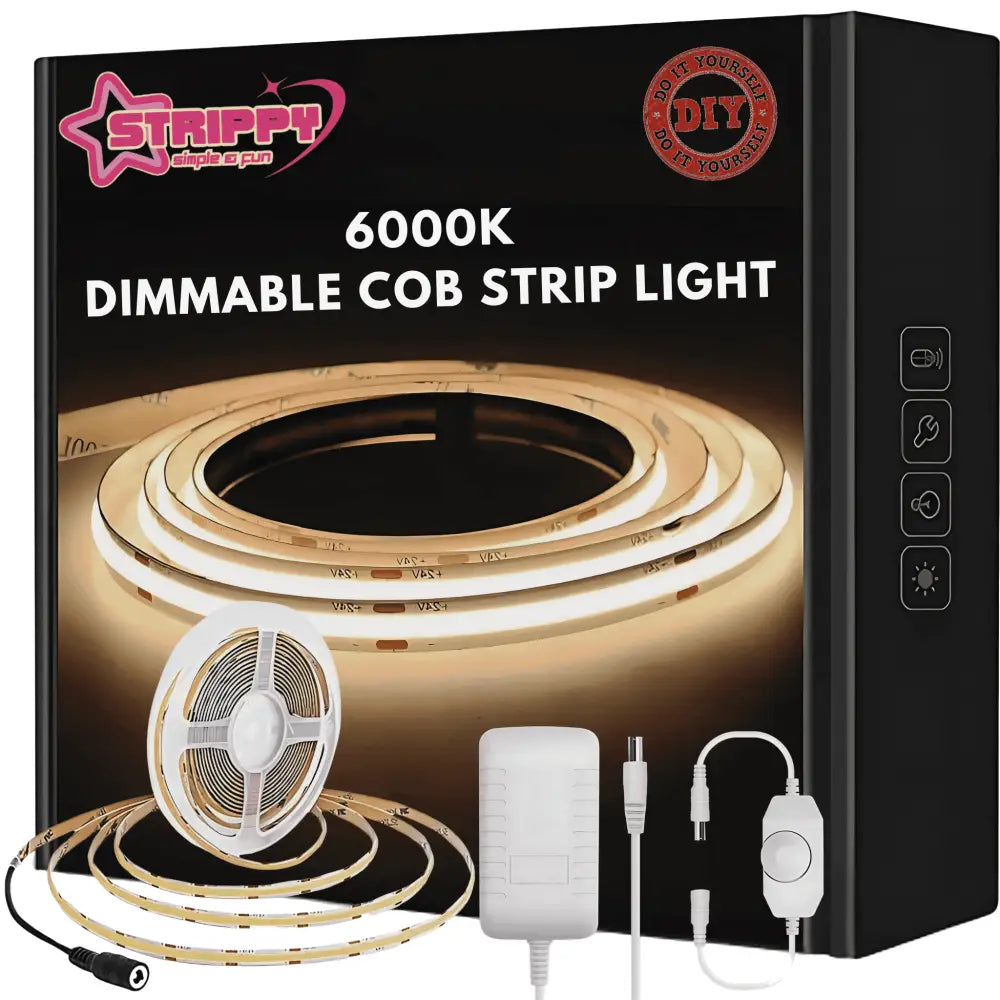 Strippy Home & Garden > Lighting Strippy GlowFlex 5M COB LED Strip Kit – Dotless | Flexible Tape Light with Dimmer & Power Adapter - 6000K GF5M6K