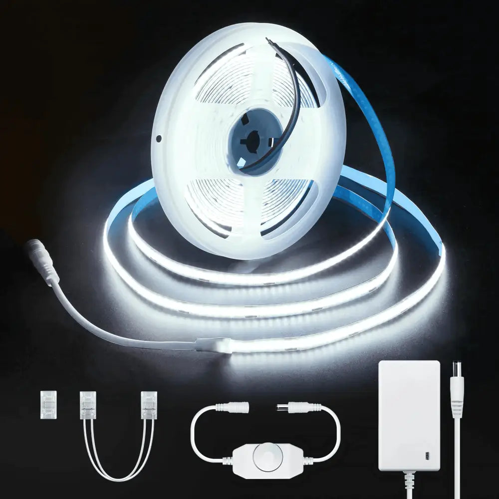 Strippy Home & Garden > Lighting Strippy GlowFlex 5M COB LED Strip Kit – Dotless | Flexible Tape Light with Dimmer & Power Adapter - 6000K GF5M6K