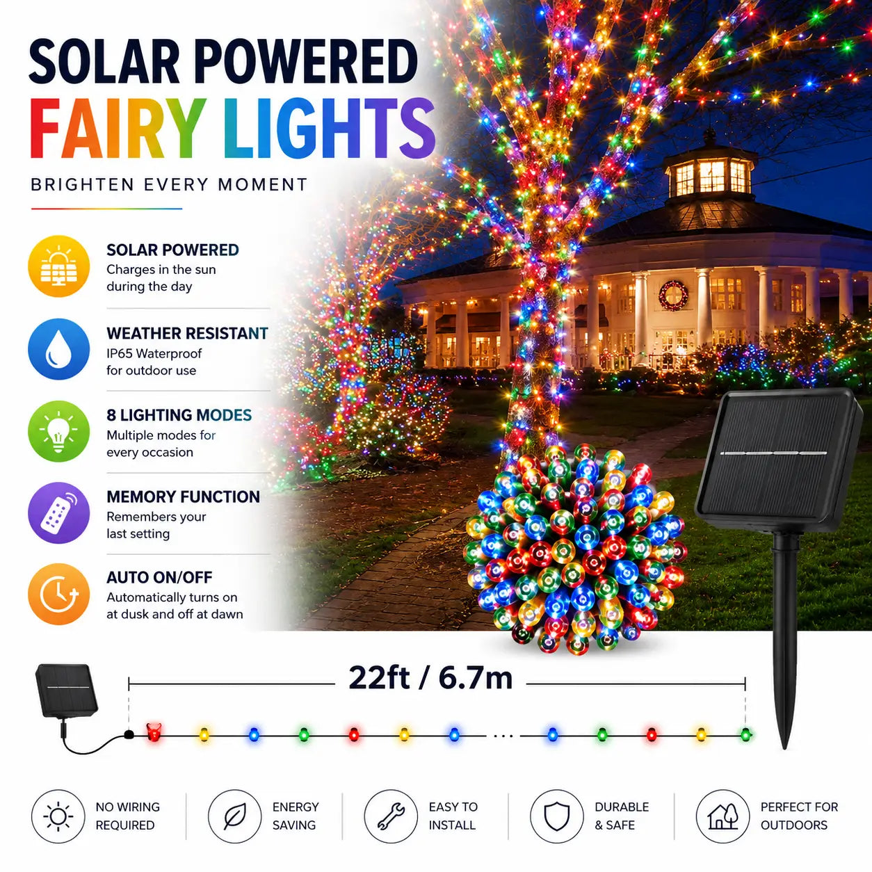 7M Solar Fairy Lights Multicolour – 30 LED Outdoor String Lights