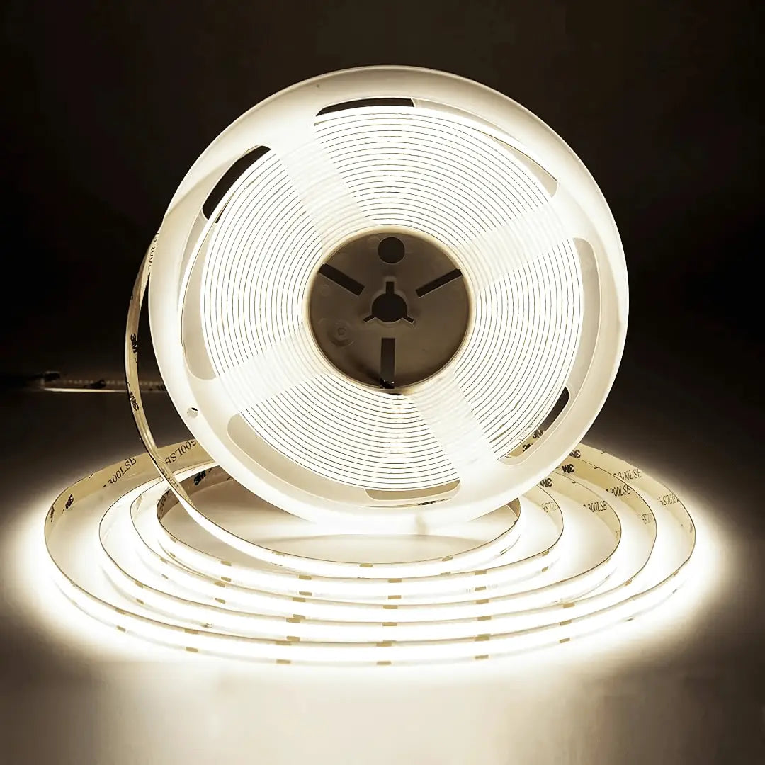 A coiled roll of warm white cob led strip light 4000k ip20 cob for indoor use with 6w per meter power