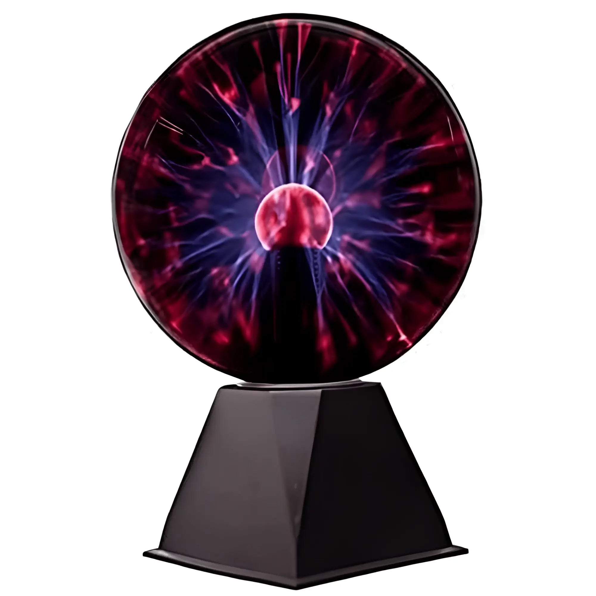 Touch and sound sensitive plasma ball lamp with red blue rays on black base