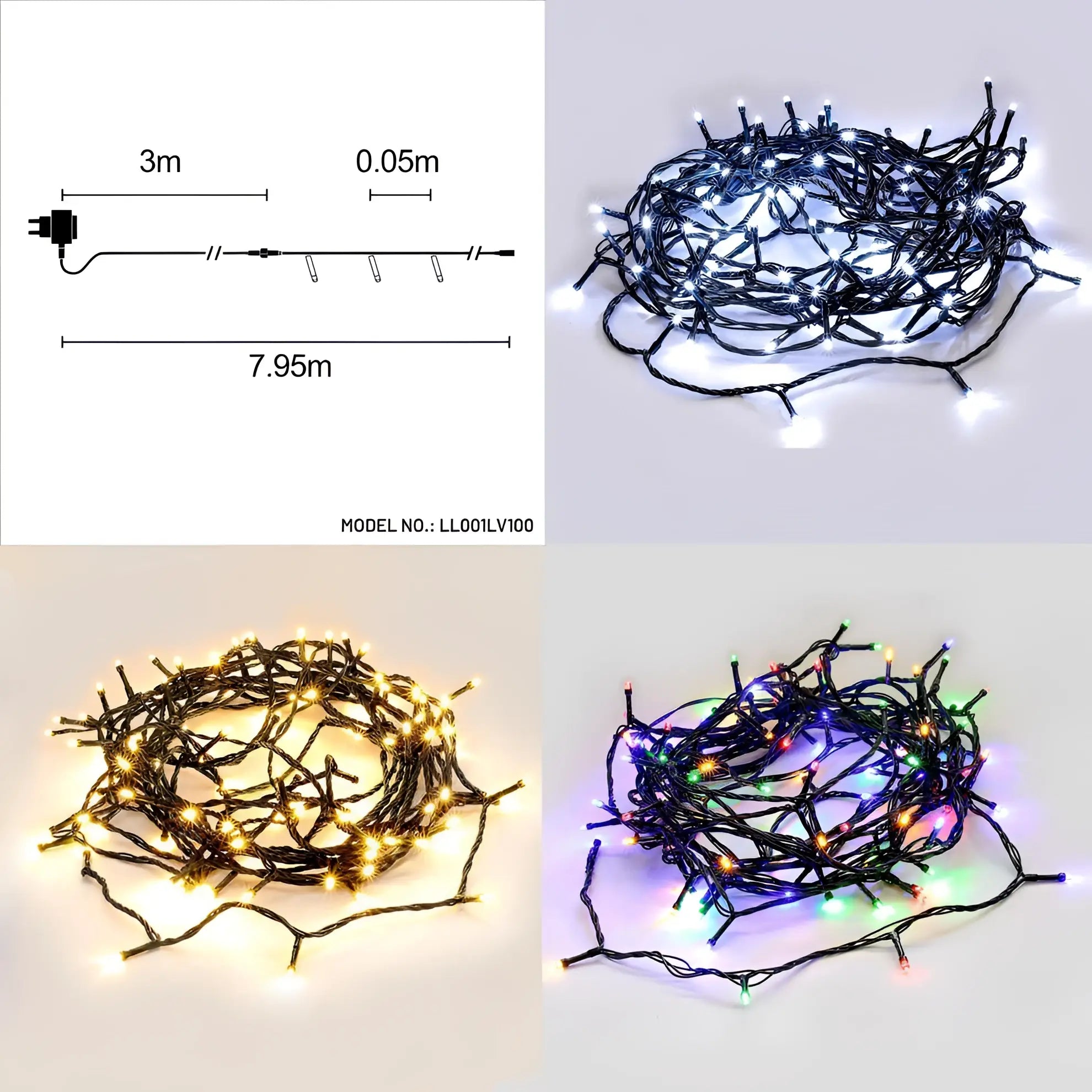 100 LED Christmas fairy lights warm white cool white black wire 8M set