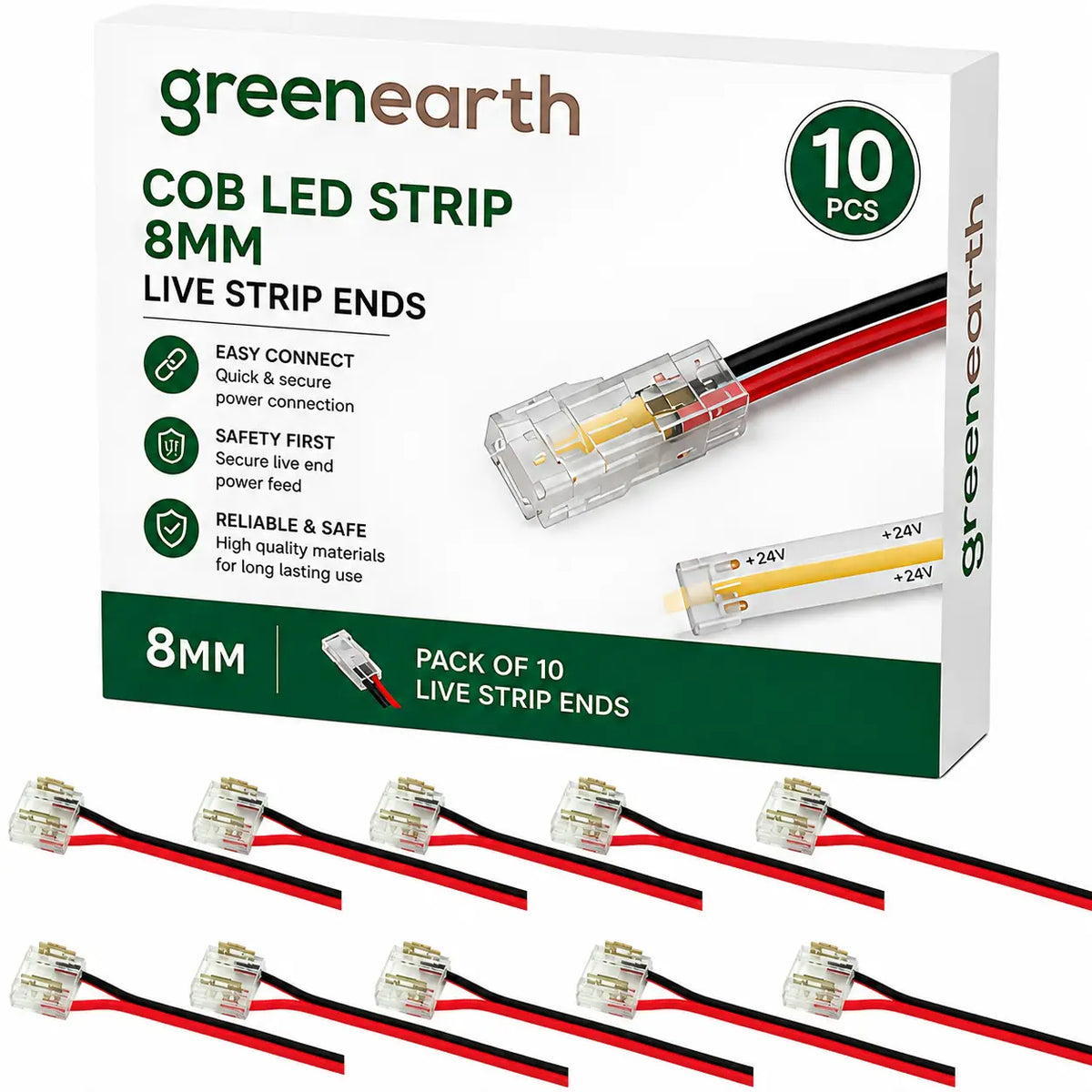 10 Pack 8mm COB LED Strip Live End - 2 Pin Solderless PCB-to-Cable Quick Connect
