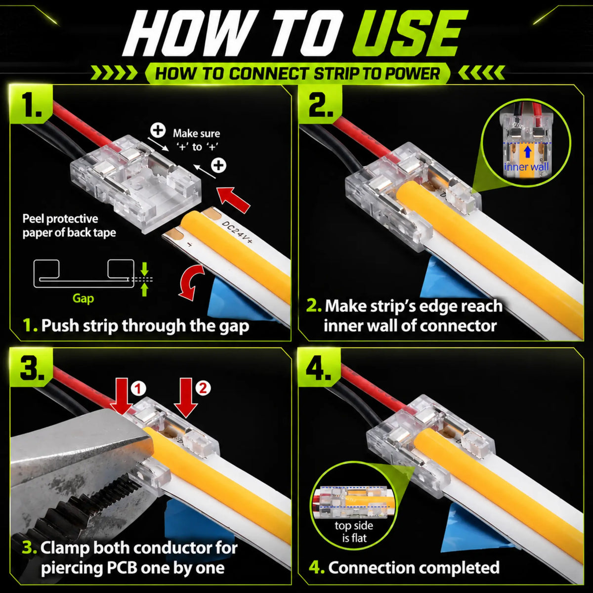 how to use 5mm COB LED Strip Live End - 2 Pin Solderless PCB-to-Cable Quick Connect