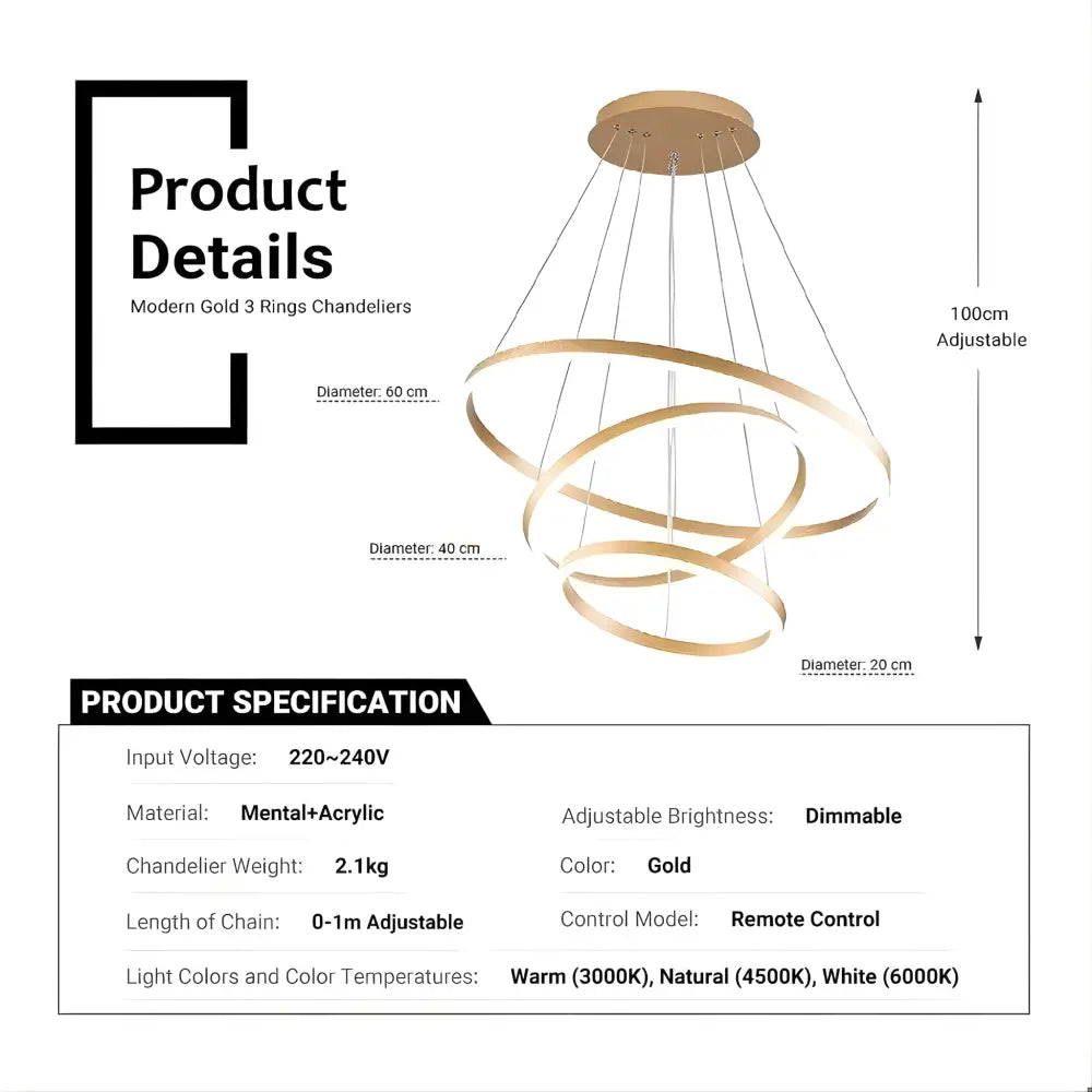 Orbit Trinity 60cm Gold 3 Ring Tricolour LED Pendant Light