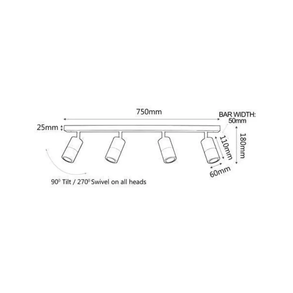 CLA PG4BAR - 4xGU10 4 Light Bar Adjustable Rail Ceiling Spot Light IP44
