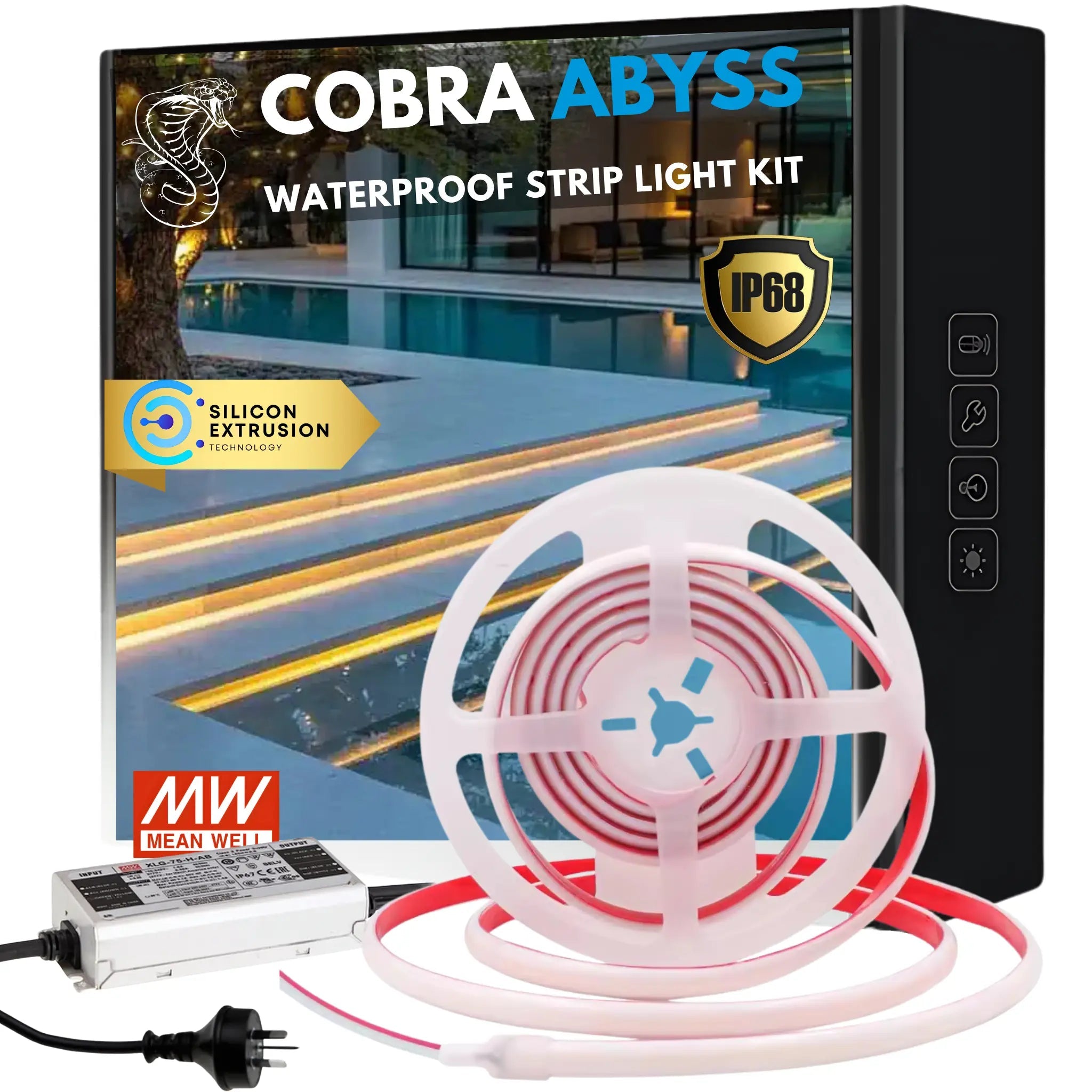 Cobra Abyss Waterproof Strip Light Kit shown with its retail box, a coiled white LED strip light, and a silver power supply on a white background.