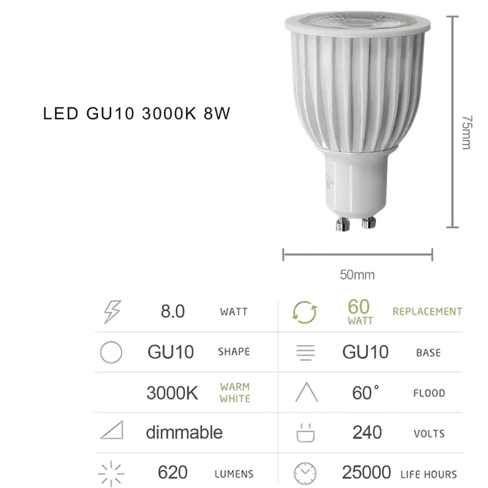 Product specs for 8W GU10 dimmable LED bulb: 3000K warm white, 620 lumens, 60° beam, 25,000-hour lifespan, ideal 60W replacement.