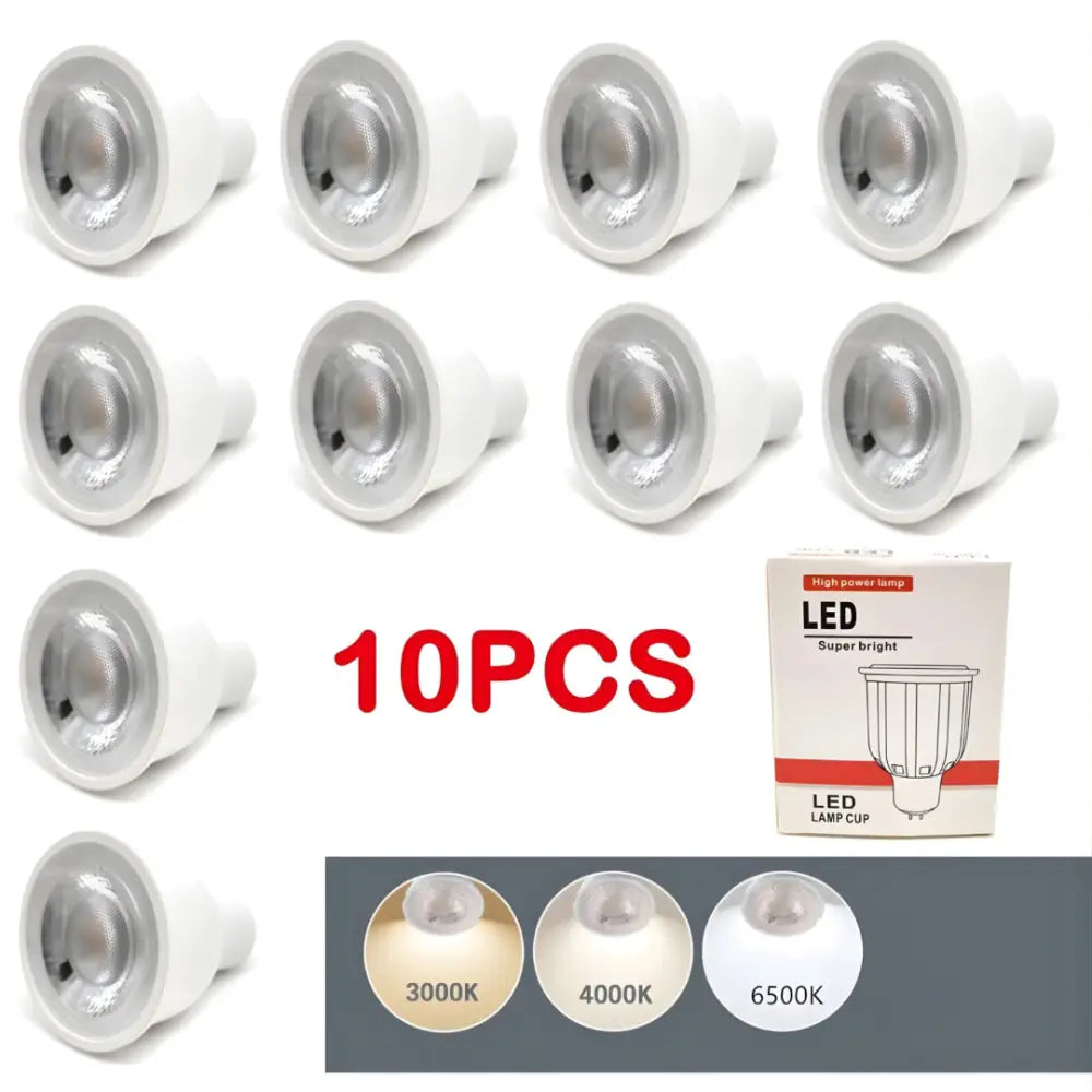Pack of 10 LED light bulbs with a packaging box and color temperature options displayed.
