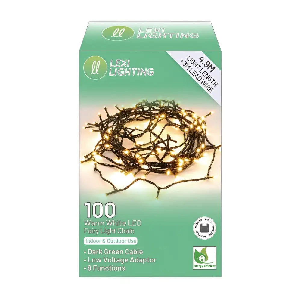 Lexi Lighting 100 Warm White LED Fairy Light Chain packaging on a white background